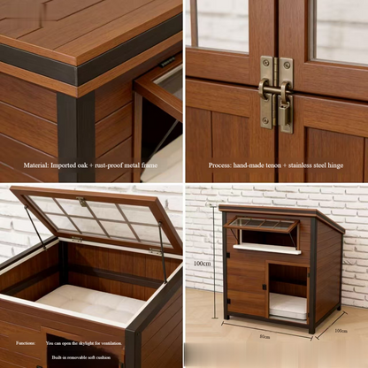 Rectangle Solid Wood Dog House Acrylic Skylight-Push-Up Closure Easy Clean All Seasons Luxury Style Outdoor Use-Direct Design